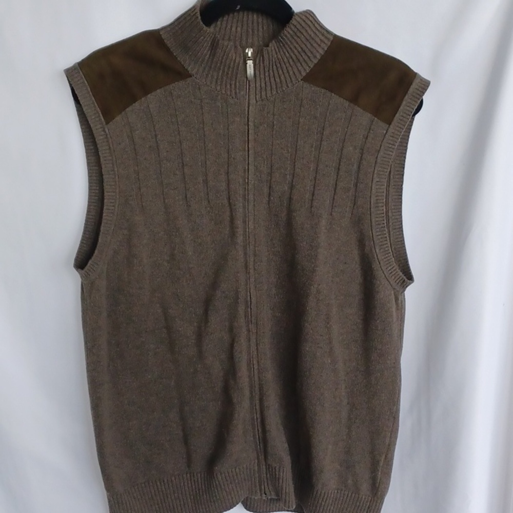 Alex Cannon 100% Cotton Zip Up Sweater Vest, Sz M, 21" PTP, 27" L, Brown